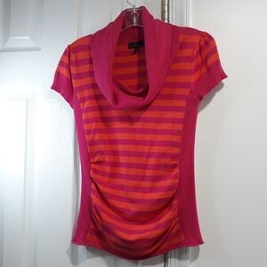 Takeout knit short Sleeve Striped Pink and Orange Lightweight Top Size M…